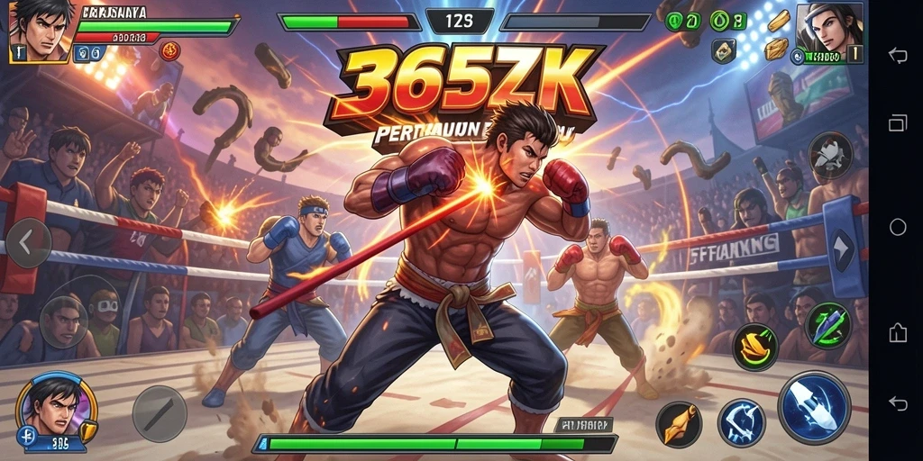 Tampilan gameplay 365ZK dengan pertarungan mendebarkan di arena yang beraneka ragam.