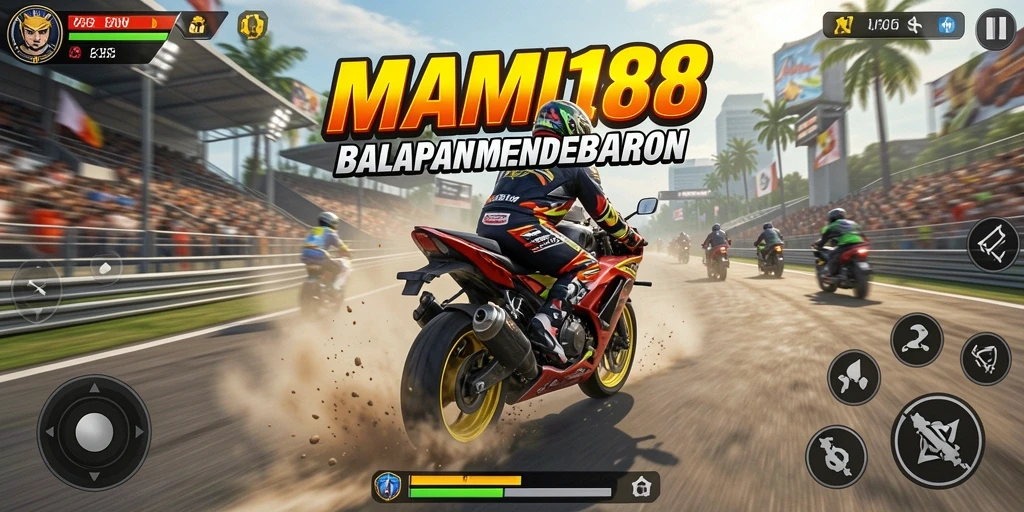 Screenshot gameplay MAMI188 dengan balapan motor yang seru.
