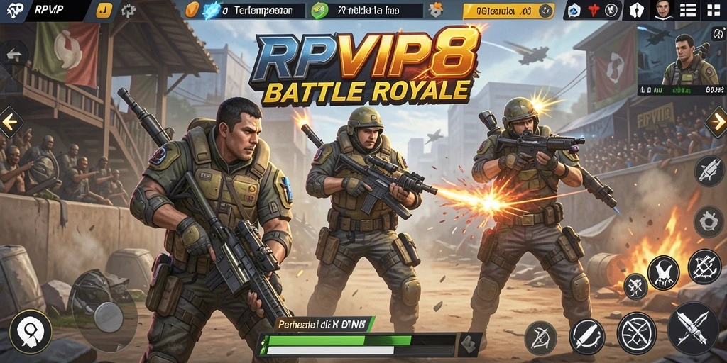 Screenshot gameplay RPVIP8 yang penuh aksi dan pertempuran sengit.
